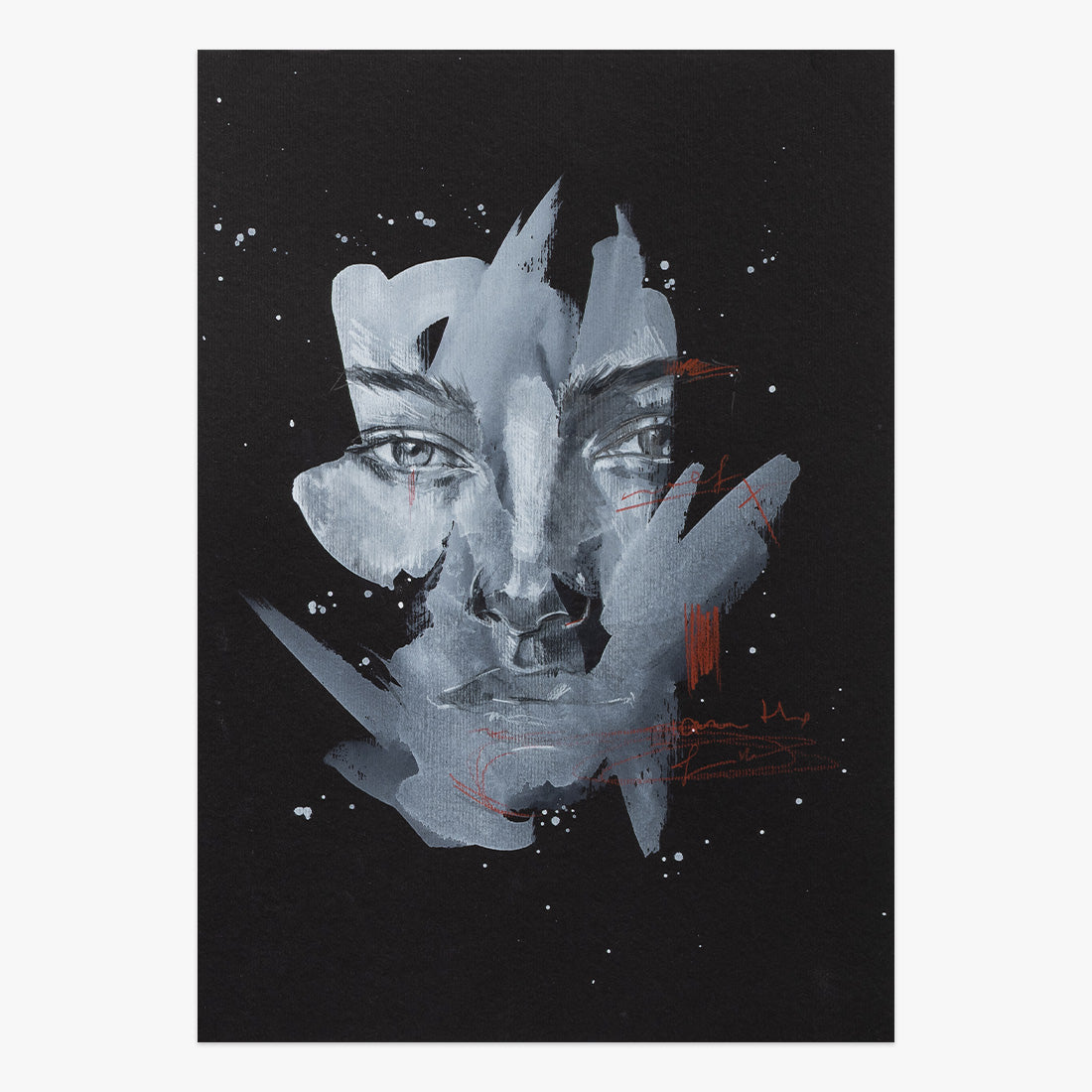 still here by Tamara Alves, expressive monochromatic mixed-media portrait on paper with fragmented brushstrokes and subtle red accents at Underdogs Gallery