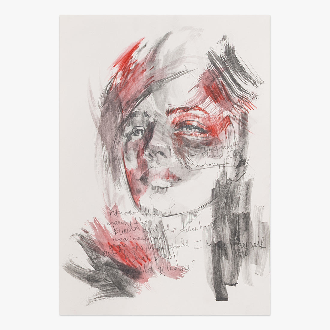thin skin by Tamara Alves, mixed-media portrait artwork on paper with expressive black and red brushstrokes at Underdogs Gallery