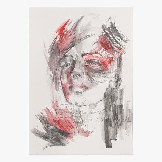 thin skin by Tamara Alves, mixed-media portrait artwork on paper with expressive black and red brushstrokes at Underdogs Gallery