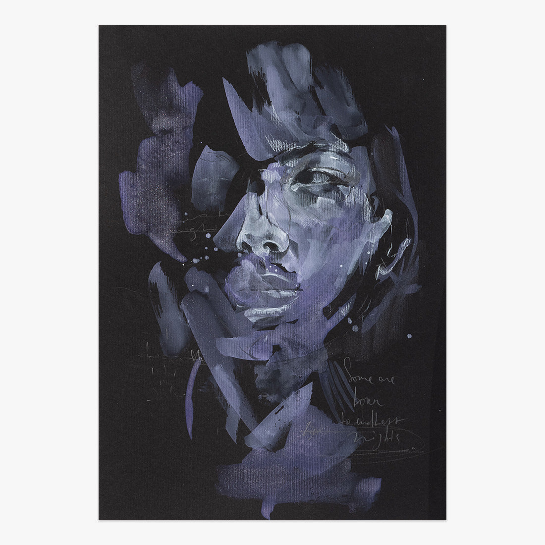 almost tender by Tamara Alves, expressive mixed-media portrait on paper in deep violet and black tones with layered abstract brushstrokes at Underdogs Gallery