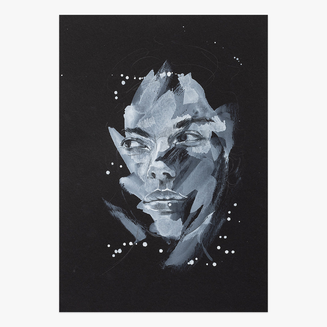 burns slower by Tamara Alves, monochromatic mixed-media portrait on paper with expressive brushstrokes on a dark black background at Underdogs Gallery