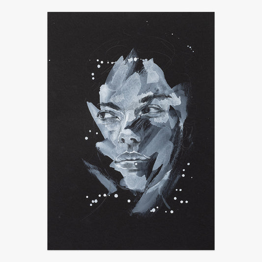 burns slower by Tamara Alves, monochromatic mixed-media portrait on paper with expressive brushstrokes on a dark black background at Underdogs Gallery