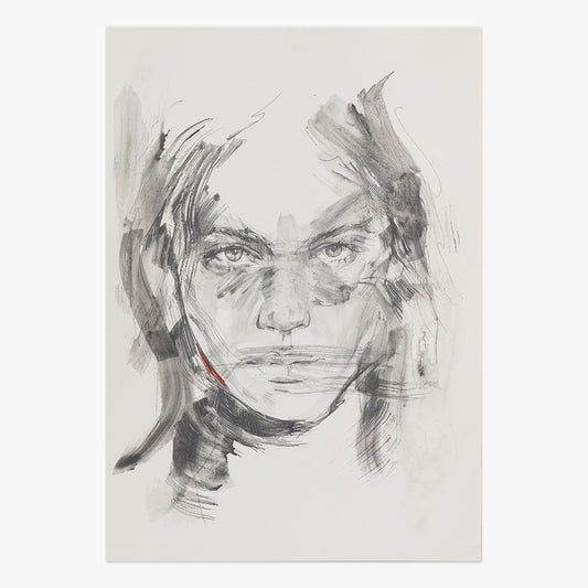 soft damage by Tamara Alves, expressive monochromatic mixed-media portrait on paper with layered graphite strokes and subtle red details at Underdogs Gallery