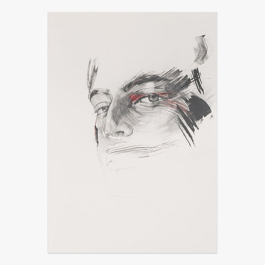 a soft ruin by Tamara Alves, minimalist mixed-media portrait artwork on paper with expressive black brushstrokes and soft red accents at Underdogs Gallery
