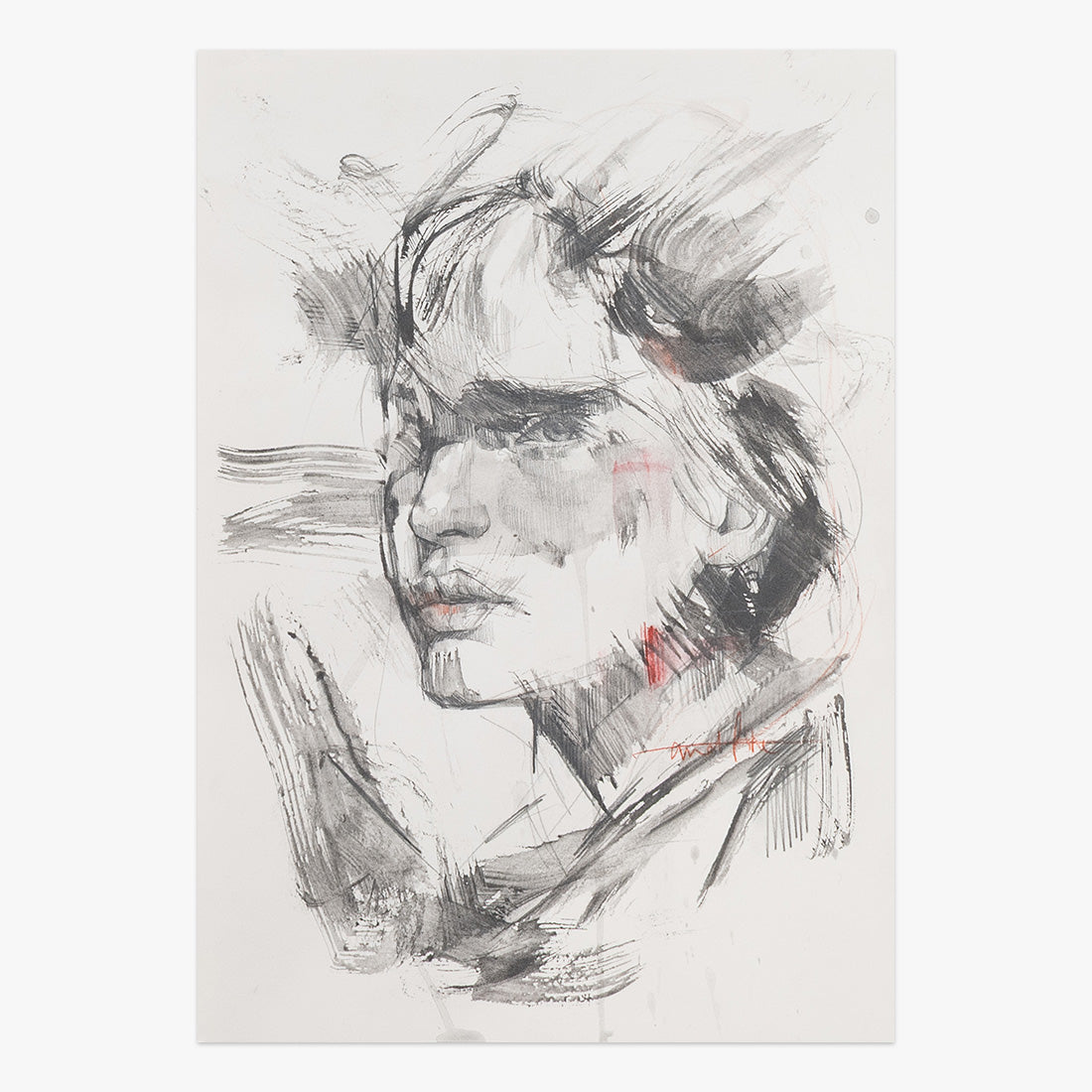through soft ruins by Tamara Alves, expressive mixed-media portrait artwork on paper with monochromatic brushstrokes and soft red accents at Underdogs Gallery