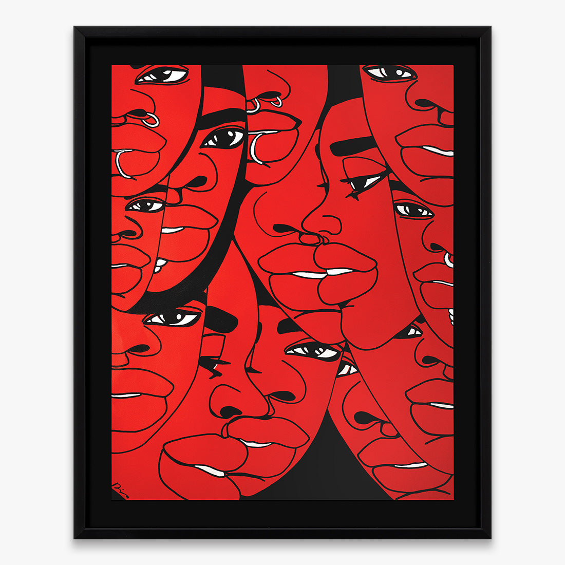 The Return Door 008 by Dino D’Santiago, India ink artwork on cardstock, abstract faces composition in intense red tones, 2024, Underdogs Gallery