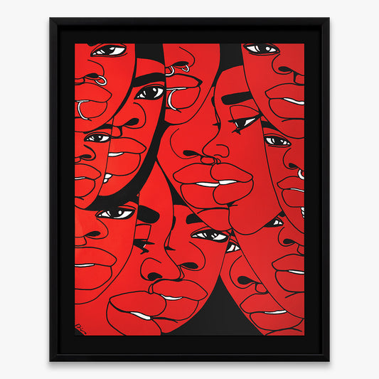 The Return Door 008 by Dino D’Santiago, India ink artwork on cardstock, abstract faces composition in intense red tones, 2024, Underdogs Gallery