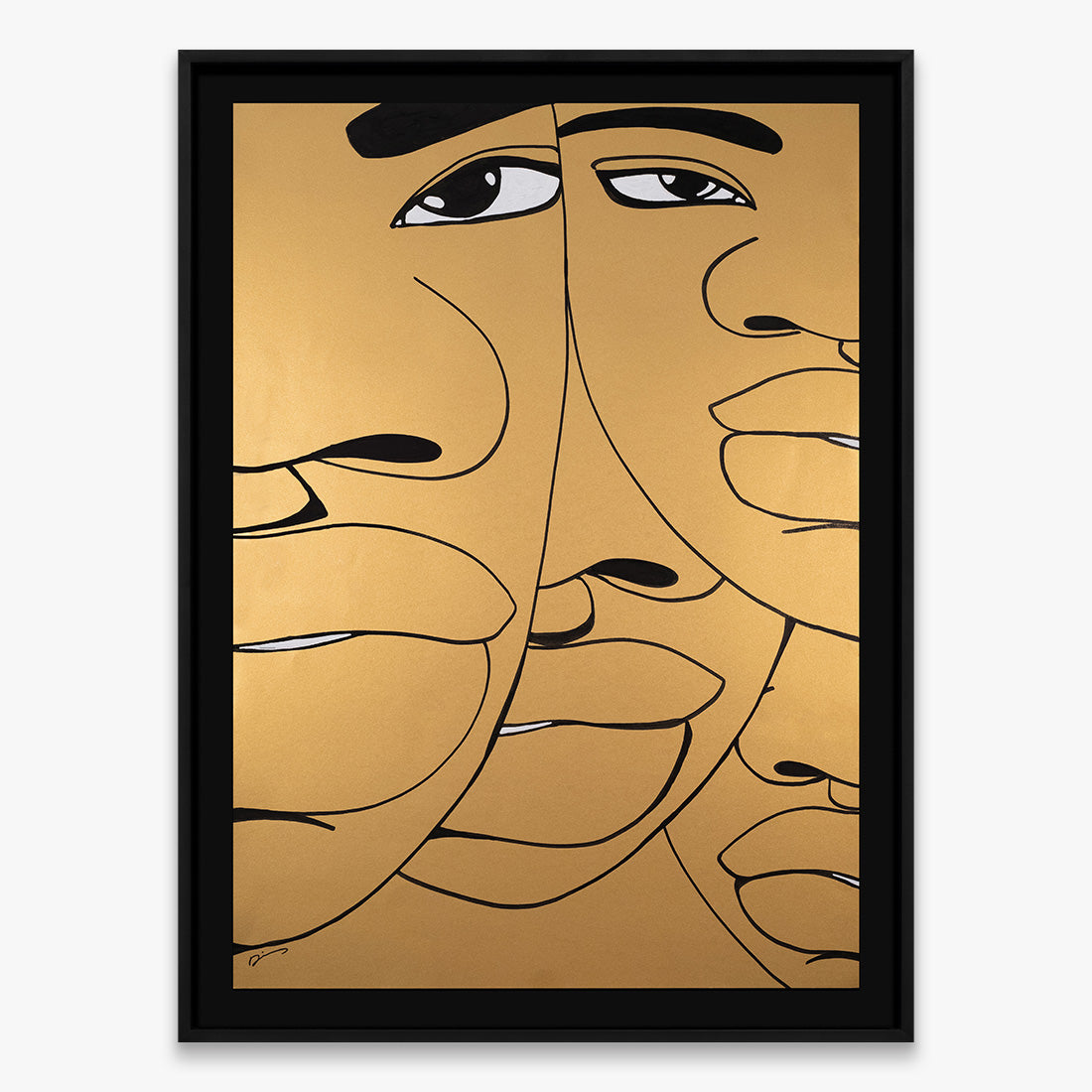 Dino D’Santiago “The Return Door 015” artwork, abstract line drawing of overlapping faces and hands on warm ochre background, India ink on cardstock