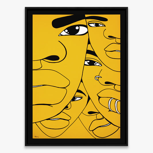 The Return Door 016 by Dino D’Santiago, India ink artwork on cardstock, abstract faces composition in mustard yellow tones, 2024, Underdogs Gallery