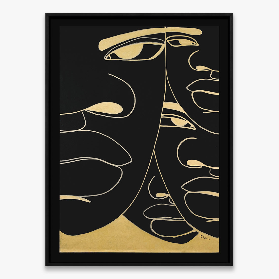 The Return Door 017 by Dino D’Santiago, India ink artwork on cardstock, abstract faces composition in black and gold tones, 2024, Underdogs Gallery