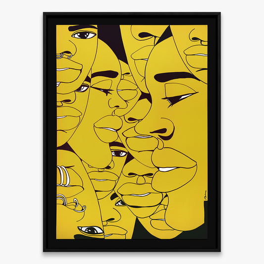 The Return Door 020 by Dino D’Santiago, India ink artwork on cardstock, abstract faces composition in yellow tones, 2024, Underdogs Gallery