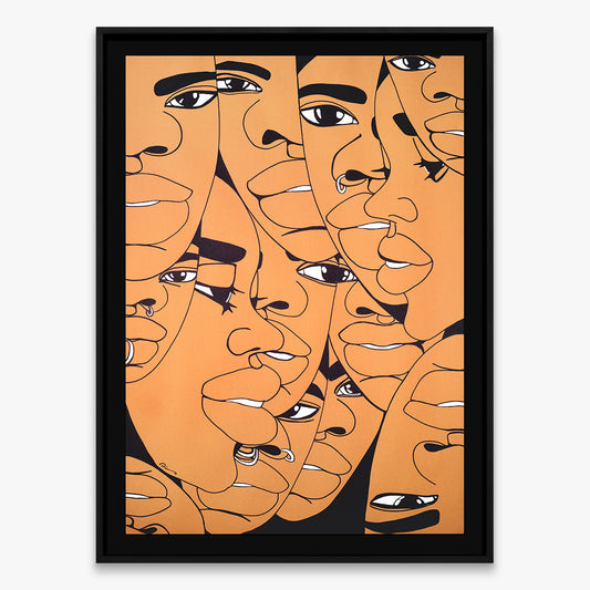 The Return Door 022 by Dino D’Santiago, India ink artwork on cardstock, abstract faces composition in orange tones, 2024, Underdogs Gallery