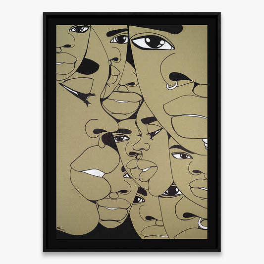 The Return Door 026 by Dino D’Santiago, India ink artwork on cardstock, abstract faces composition in muted green tones, 2024, Underdogs Gallery