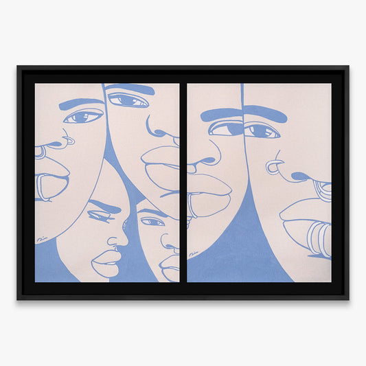 The Return Door 031 by Dino D’Santiago, India ink artwork on cardstock, abstract faces diptych composition in deep blue tones, 2024, Underdogs Gallery
