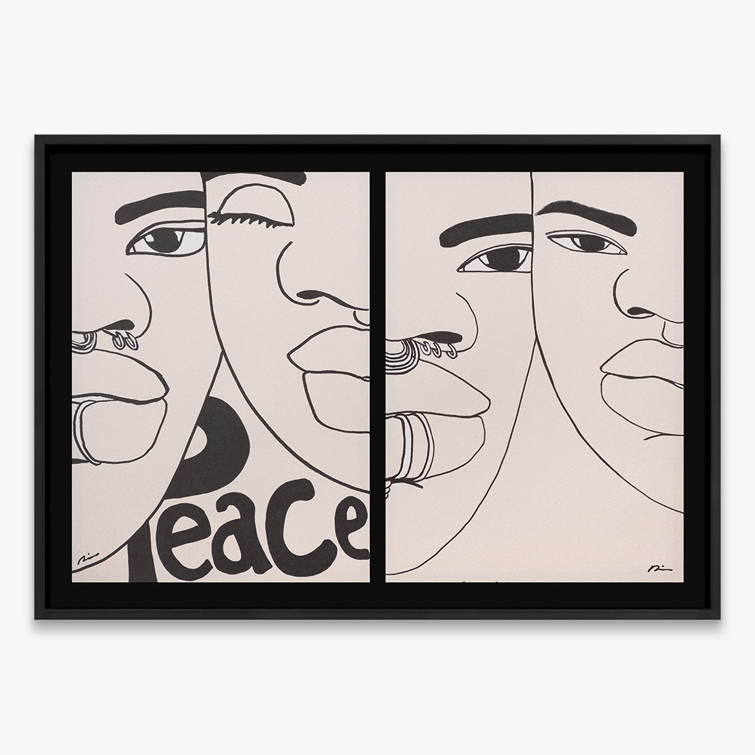 The Return Door 033 by Dino D’Santiago, India ink artwork on cardstock, abstract faces diptych with “peace” text detail, 2024, Underdogs Gallery