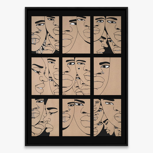 “The Return Door 037” by Dino D’Santiago, grid composition of repeated stylized faces in a framed India ink artwork, Underdogs Gallery
