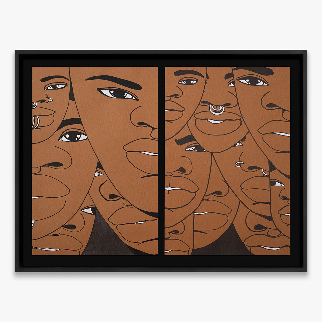 “The Return Door 038” by Dino D’Santiago, framed artwork with layered composition of overlapping stylized faces in warm brown tones, Underdogs Gallery