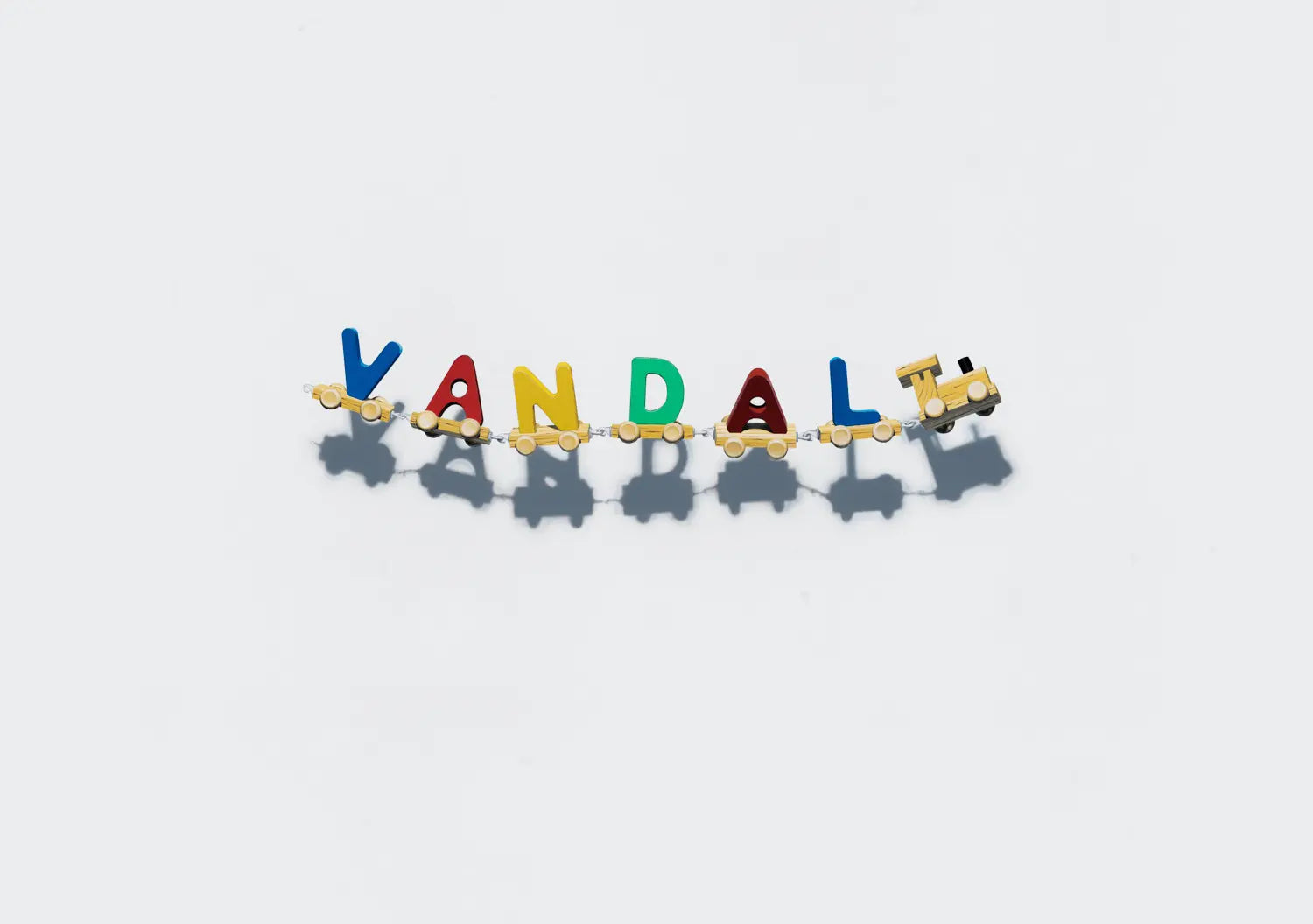 Toy Train Vandal by Nuno Viegas, playful acrylic typography artwork spelling “VANDAL” with colorful toy train-inspired letters and shadows on white background