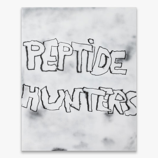 Idea for a Graffiti Crew Name by Wasted Rita – text-based contemporary artwork with “Peptide Hunters” graffiti-style lettering on canvas, Underdogs Gallery