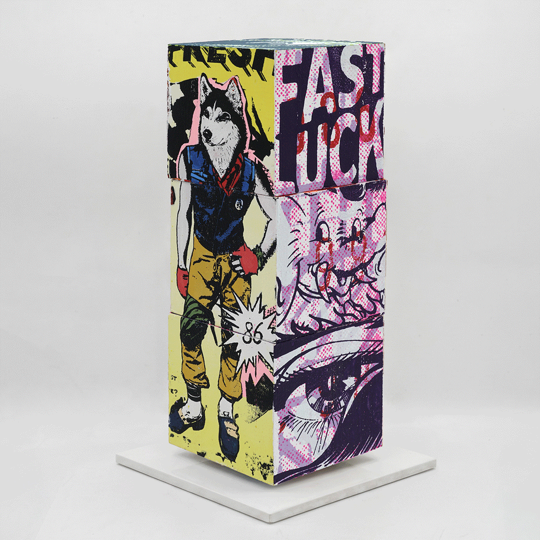 Lucky Heat Wave by FAILE, sculpture edition 11, silkscreen-printed wooden cubes on white steel base, 2026