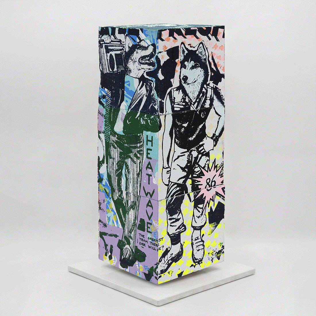 Lucky Heat Wave by FAILE, sculpture edition 12, silkscreen-printed wooden cubes on white steel base, 2026