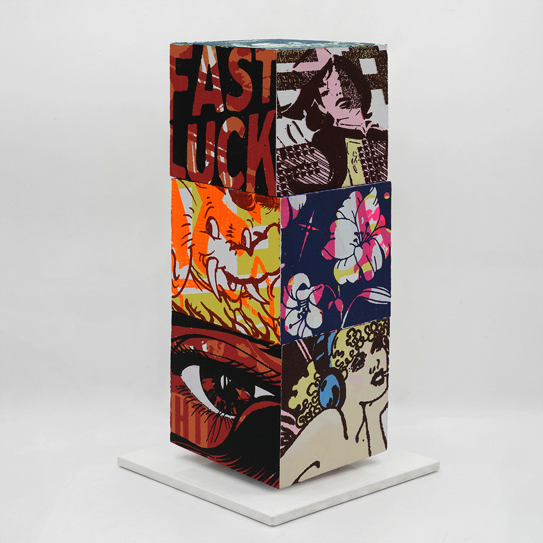 Lucky Heat Wave by FAILE, sculpture edition 13, silkscreen-printed wooden cubes on white steel base, 2026