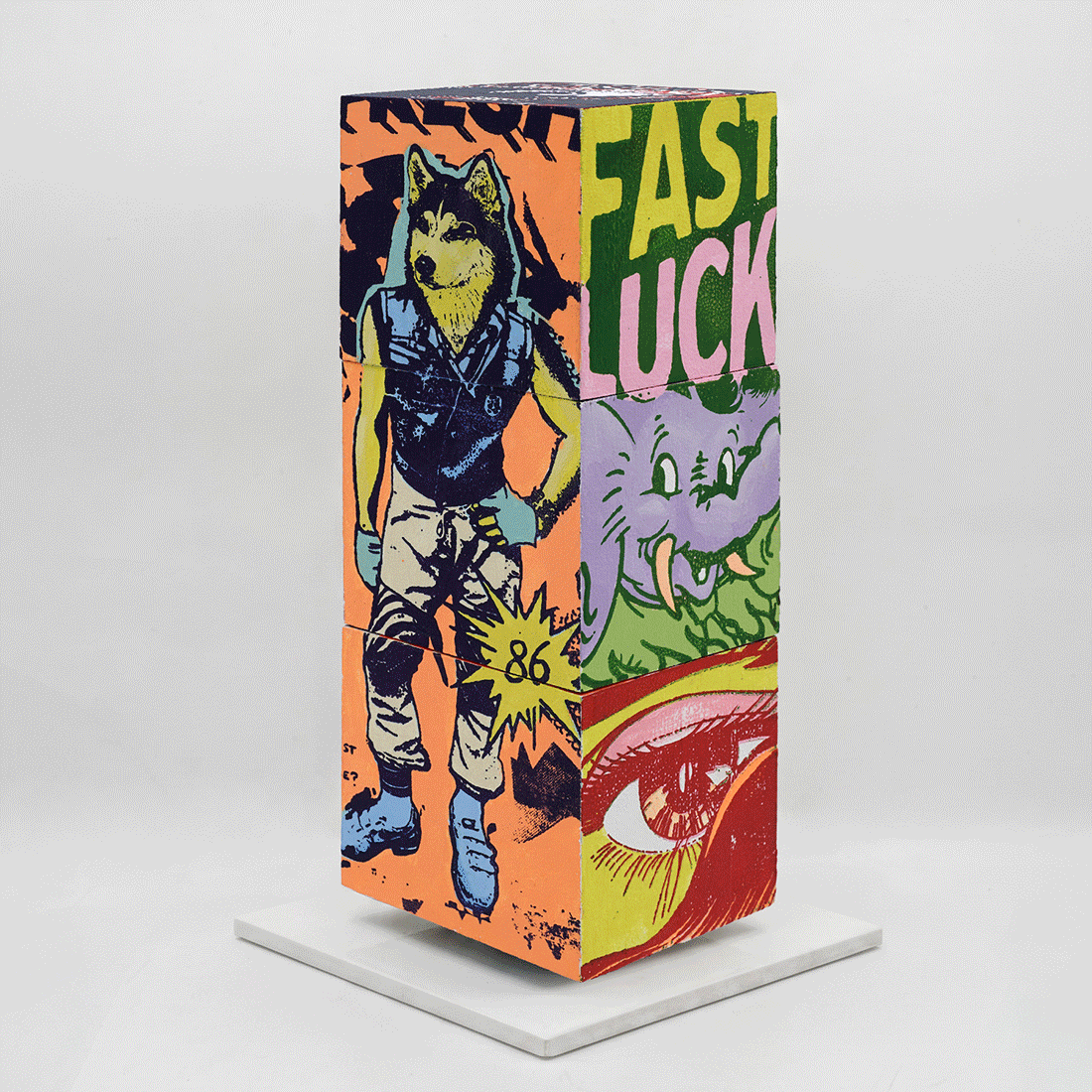Lucky Heat Wave by FAILE, sculpture edition 14, silkscreen-printed wooden cubes on white steel base, 2026