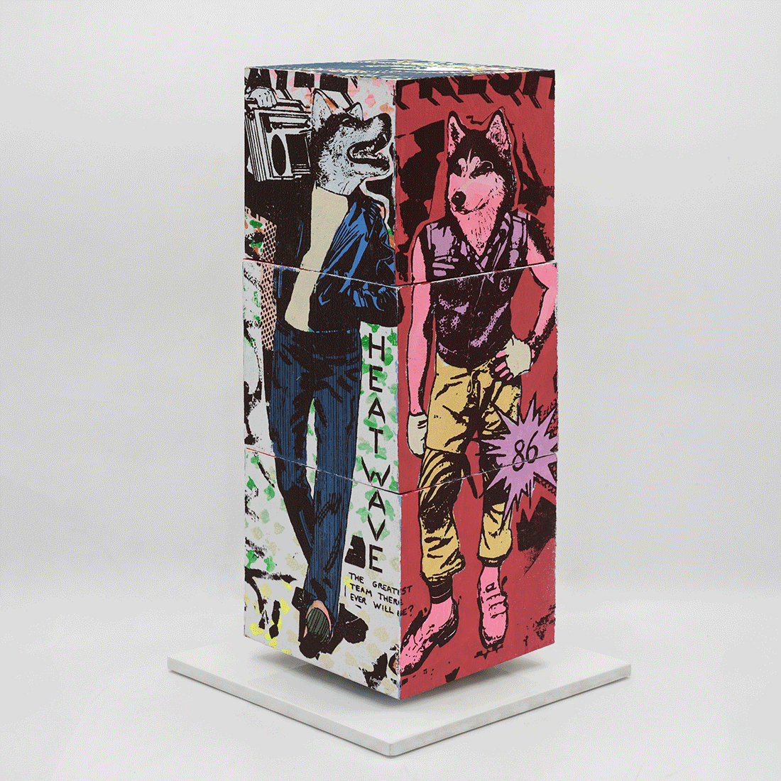 Lucky Heat Wave by FAILE, sculpture edition 3, silkscreen-printed wooden cubes on white steel base, 2026