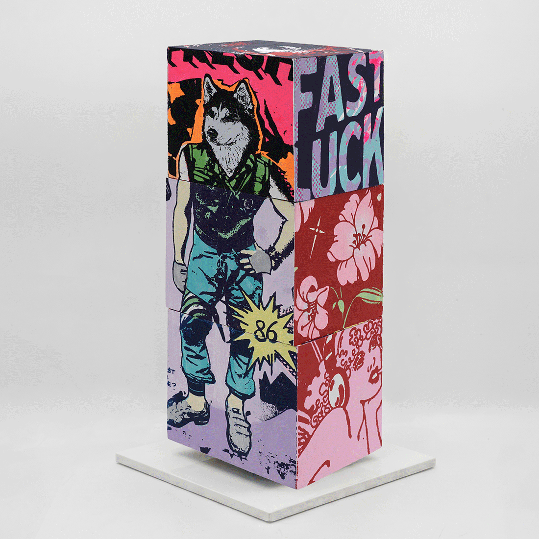 Lucky Heat Wave by FAILE, sculpture edition 4, silkscreen-printed wooden cubes on white steel base, 2026