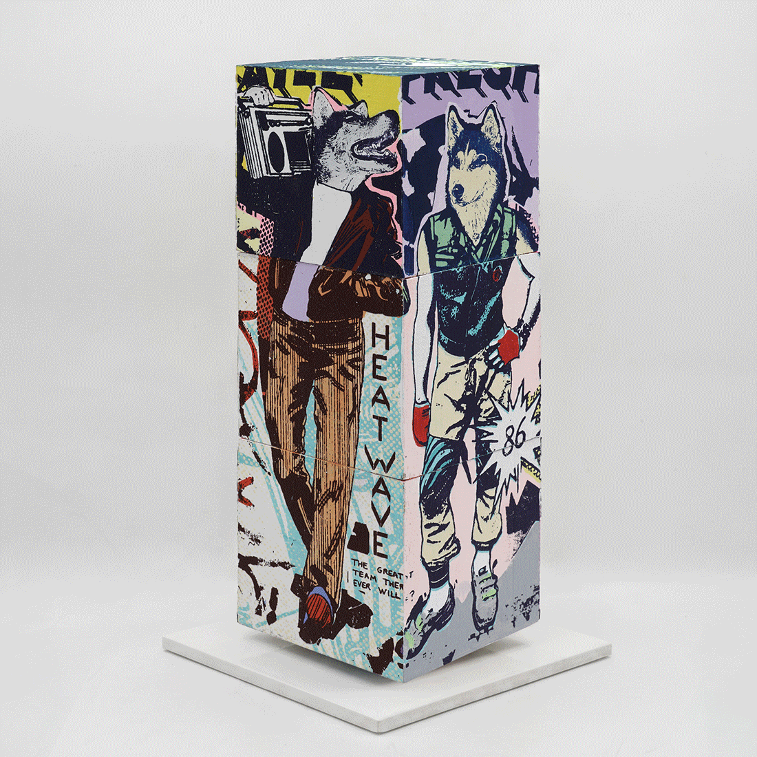 Lucky Heat Wave by FAILE, sculpture edition 6, silkscreen-printed wooden cubes on white steel base, 2026