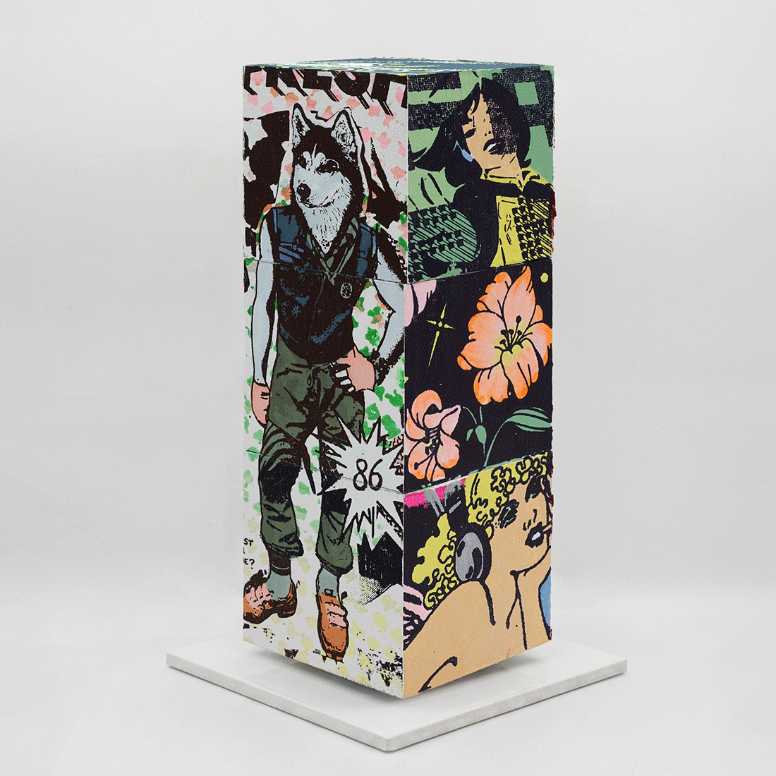 Lucky Heat Wave by FAILE, sculpture edition 8, silkscreen-printed wooden cubes on white steel base, 2026
