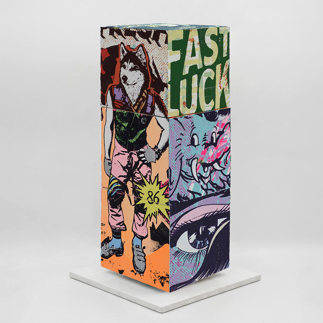 Lucky Heat Wave by FAILE, sculpture edition 9, silkscreen-printed wooden cubes on white steel base, 2026