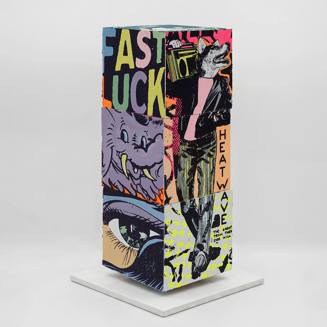 Lucky Heat Wave by FAILE, sculpture edition 1, silkscreen-printed wooden cubes on white steel base, 2026