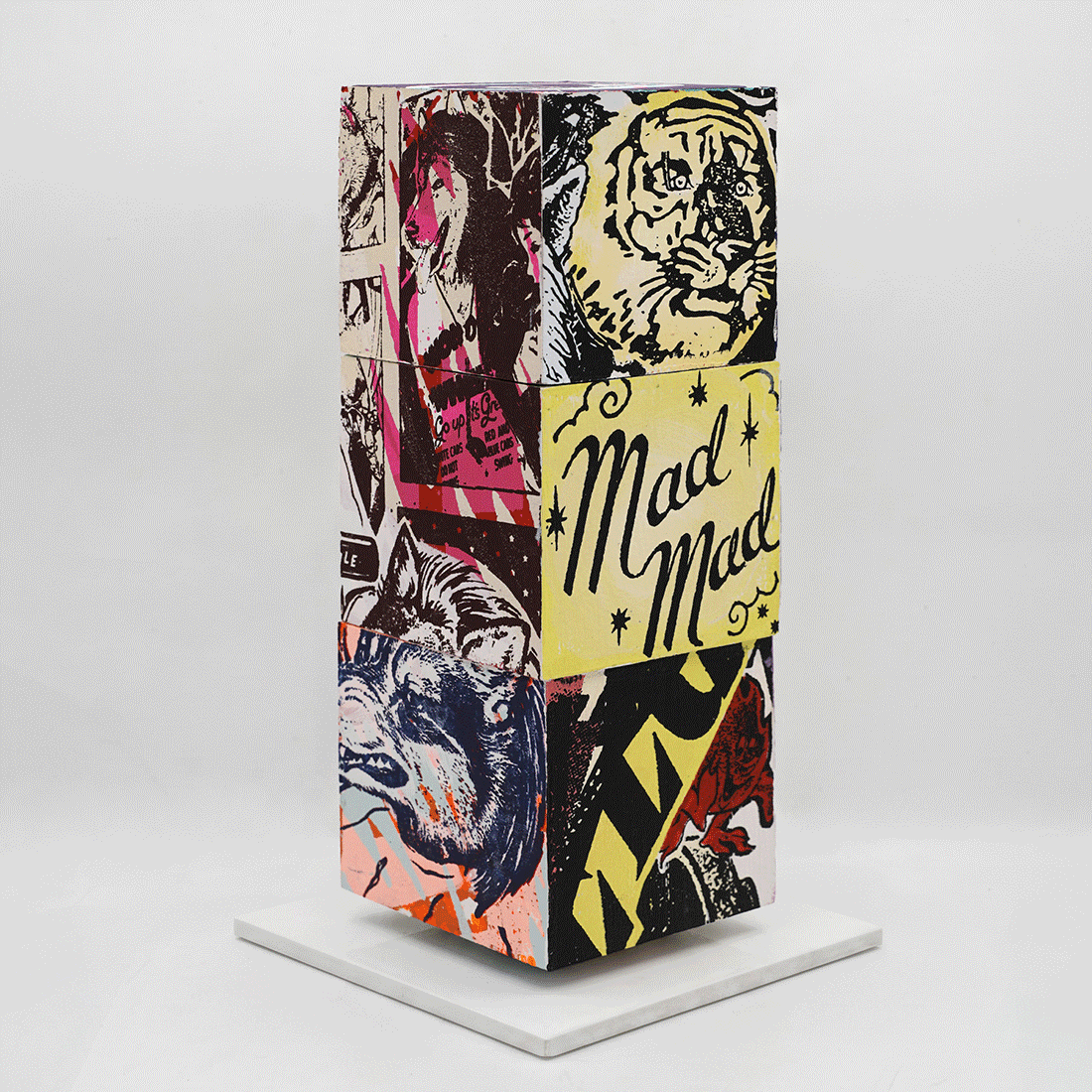 Mad For You by FAILE, sculpture edition 1, silkscreen-printed wooden cubes on white steel base, 2026