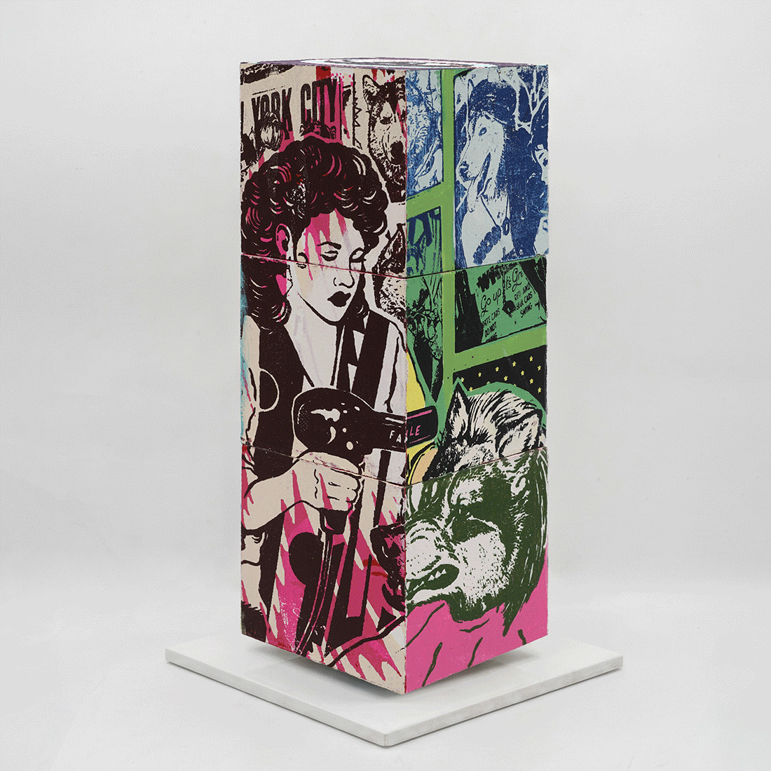 Mad For You by FAILE, sculpture edition 10, silkscreen-printed wooden cubes on white steel base, 2026