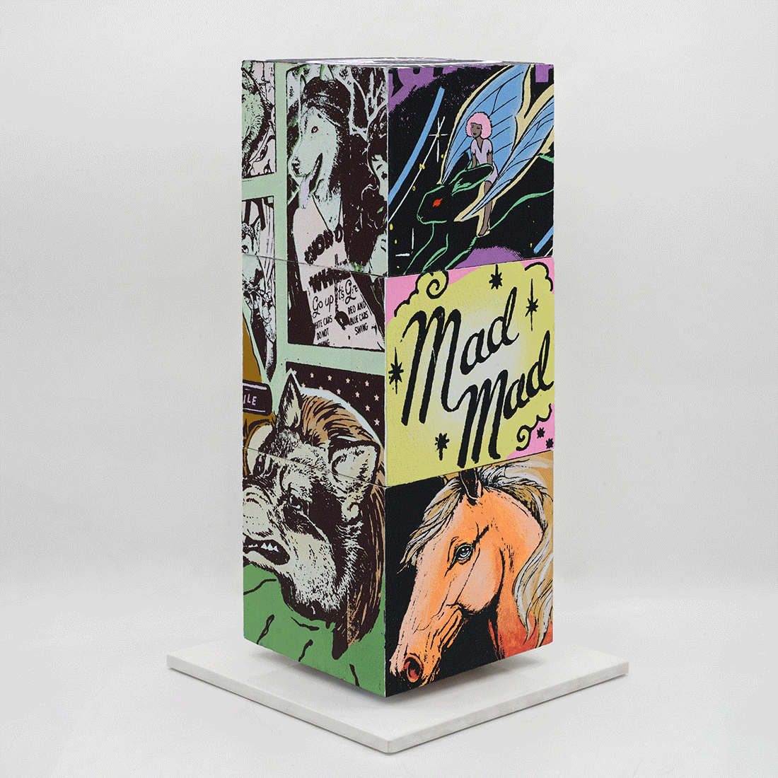 Mad For You by FAILE, sculpture edition 12, silkscreen-printed wooden cubes on white steel base, 2026