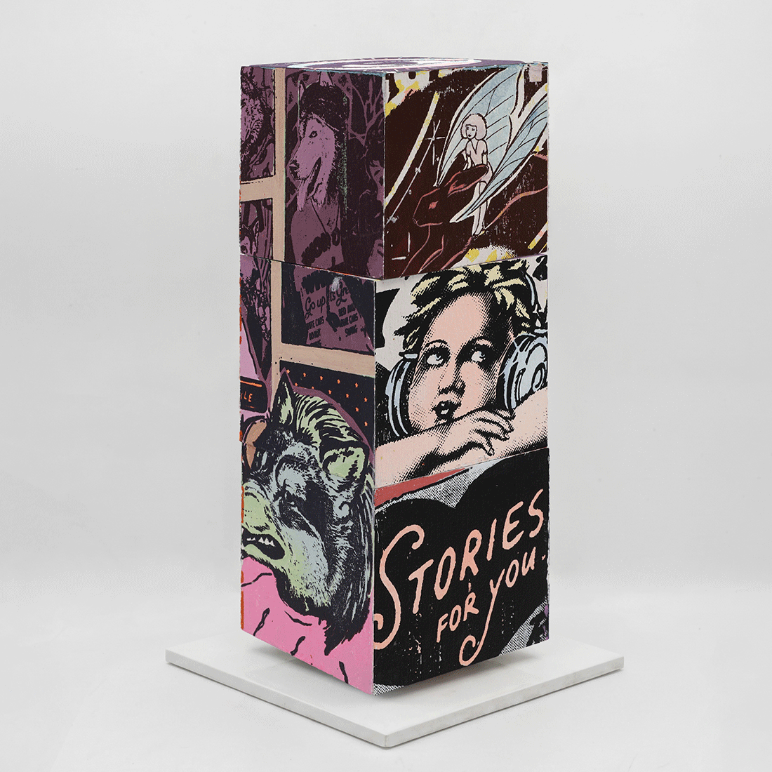 Mad For You by FAILE, sculpture edition 3, silkscreen-printed wooden cubes on white steel base, 2026