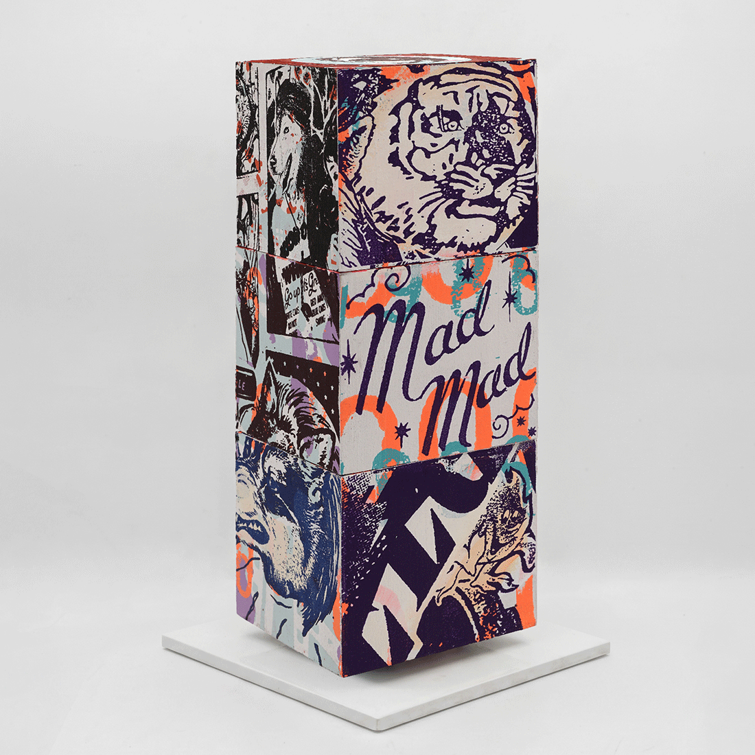 Mad For You by FAILE, sculpture edition 6, silkscreen-printed wooden cubes on white steel base, 2026