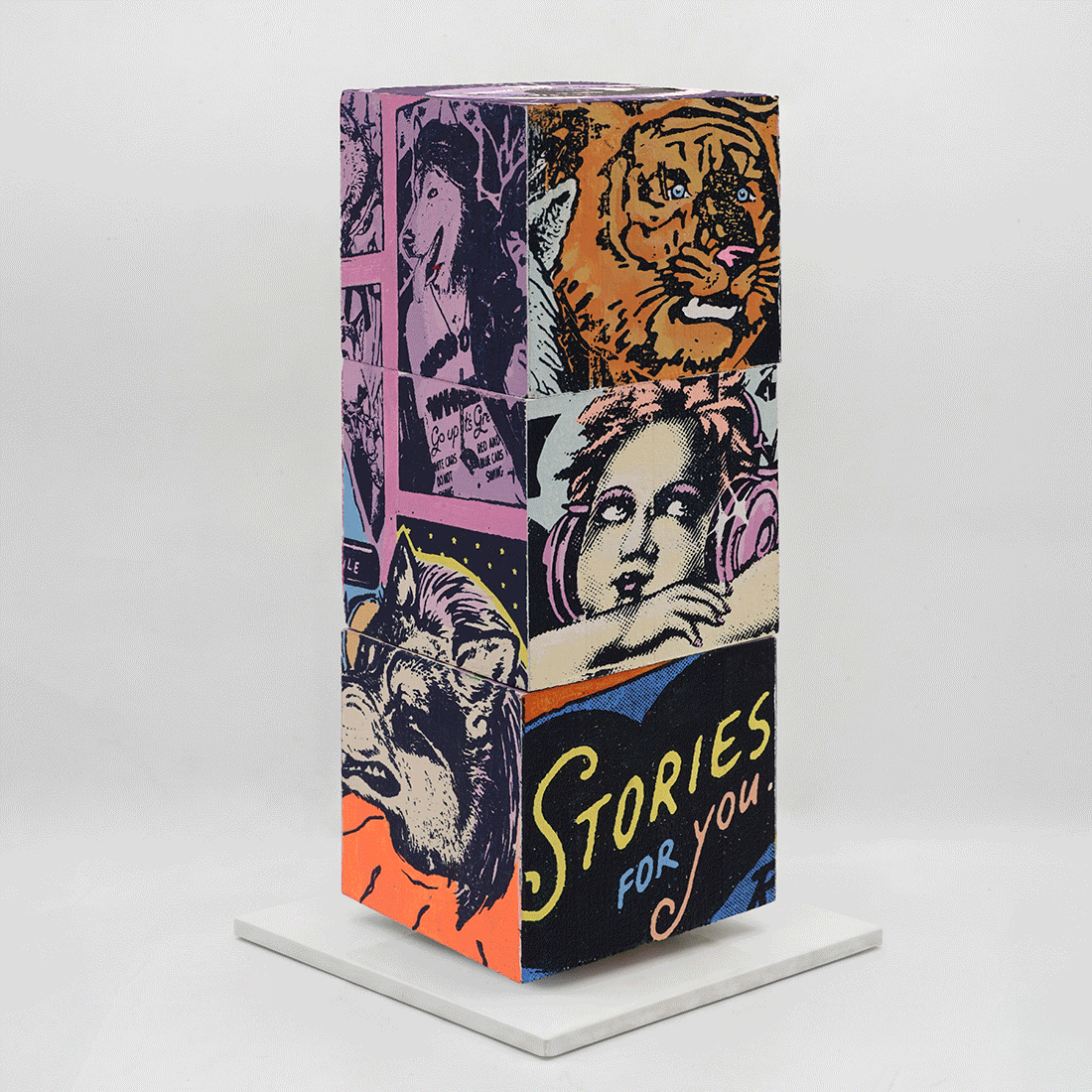 Mad For You by FAILE, sculpture edition 8, silkscreen-printed wooden cubes on white steel base, 2026