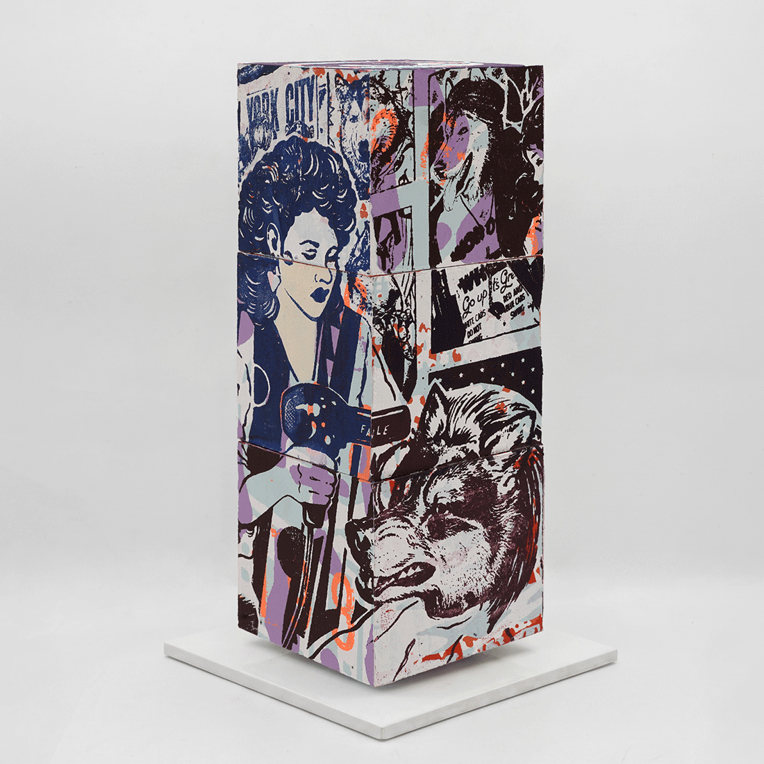 Mad For You by FAILE, sculpture edition 9, silkscreen-printed wooden cubes on white steel base, 2026