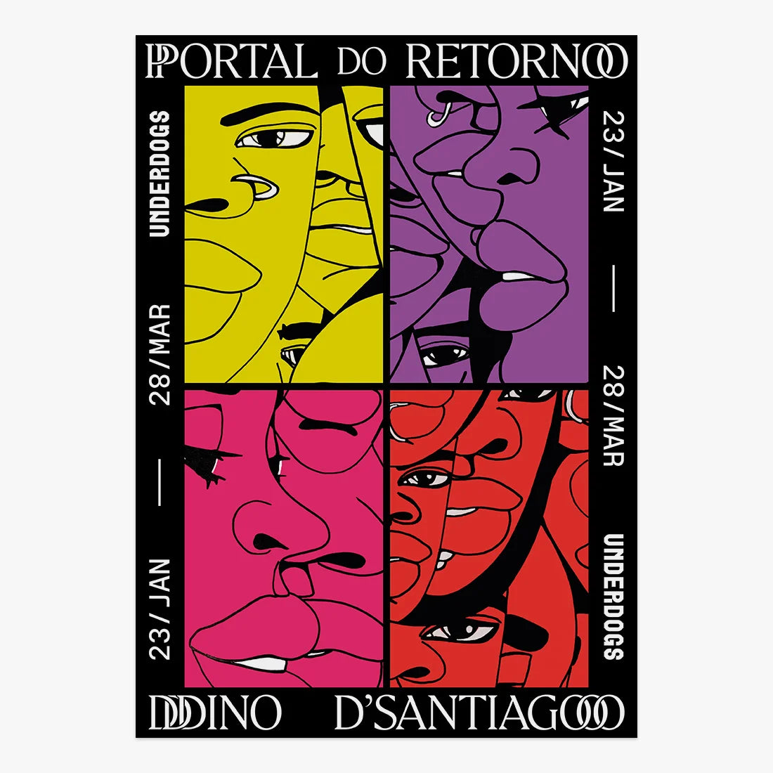 Dino D’Santiago “Portal do Retorno” poster, colorful graphic collage with stylized faces in yellow, purple, red and black grid layout