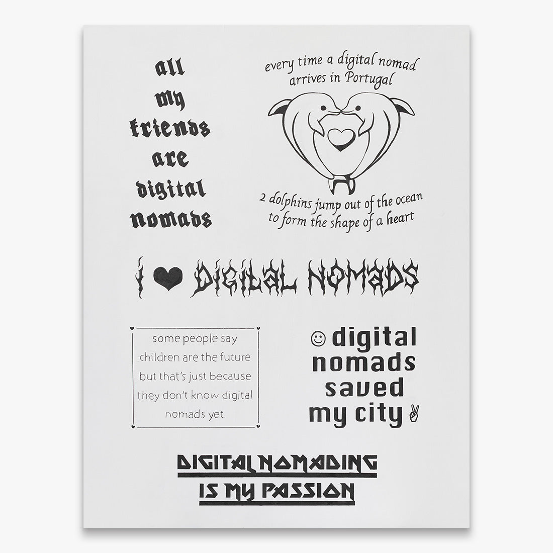 Wasted Rita “Love letter from the Portuguese government to digital nomads” text-based artwork, black handwritten typography on white background, acrylic and marker on k-line, 2022