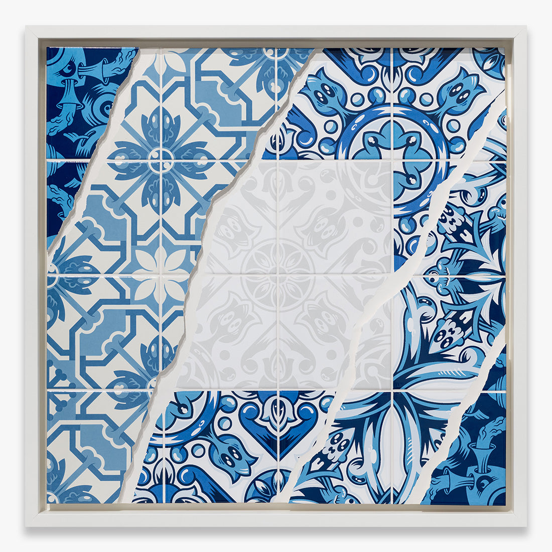 CHASM 27 by Add Fuel – layered blue and white tile ceramic artwork mounted on MDF panel, unique contemporary artwork, 60 x 60 cm, Underdogs Gallery