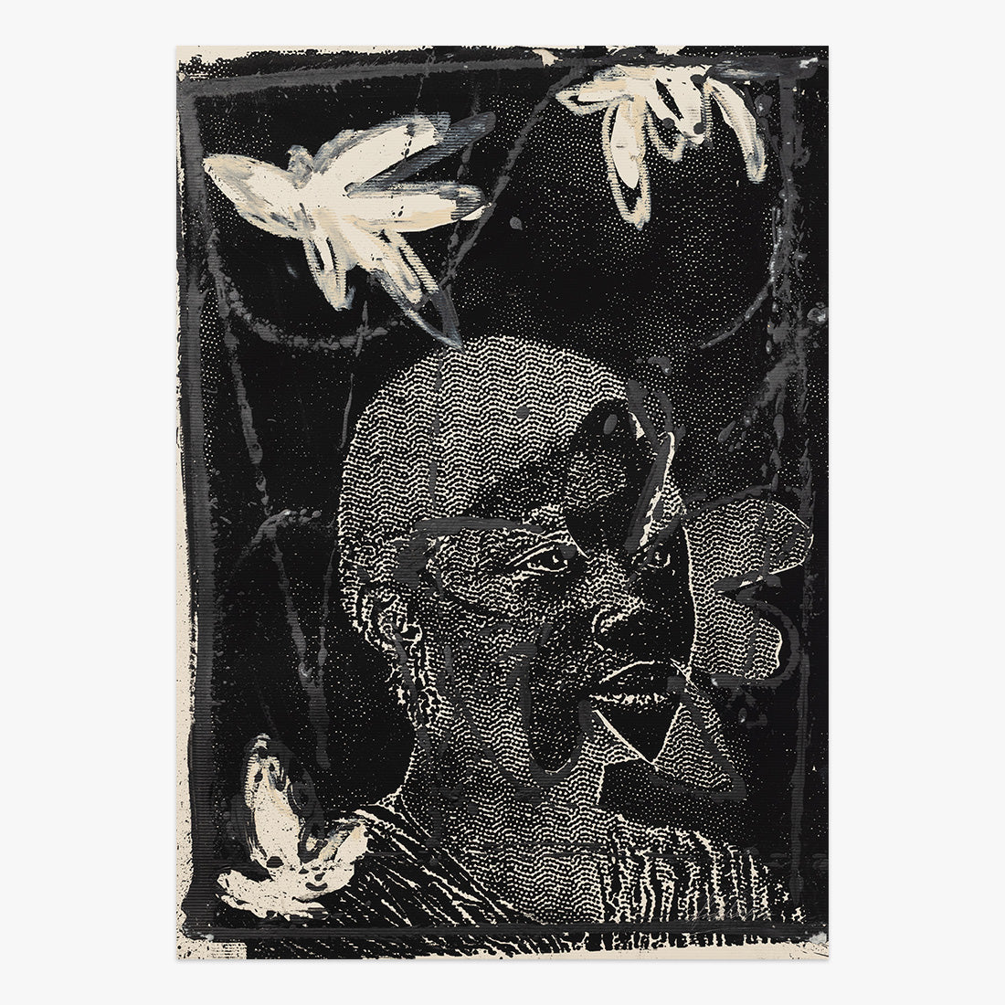 “No Freedom Only Enjoyment 1” by Fidél Évora, a black-and-cream work on paper featuring a profile portrait, hand motifs and layered graphic textures, 2025