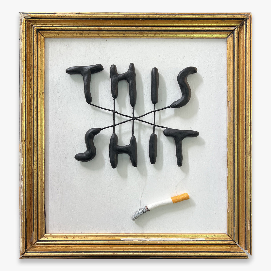 VICE mixed media artwork with clay and metal on wood by Fiumani, framed conceptual wall sculpture, Underdogs Gallery Lisbon, 2025