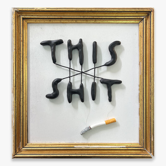 VICE mixed media artwork with clay and metal on wood by Fiumani, framed conceptual wall sculpture, Underdogs Gallery Lisbon, 2025