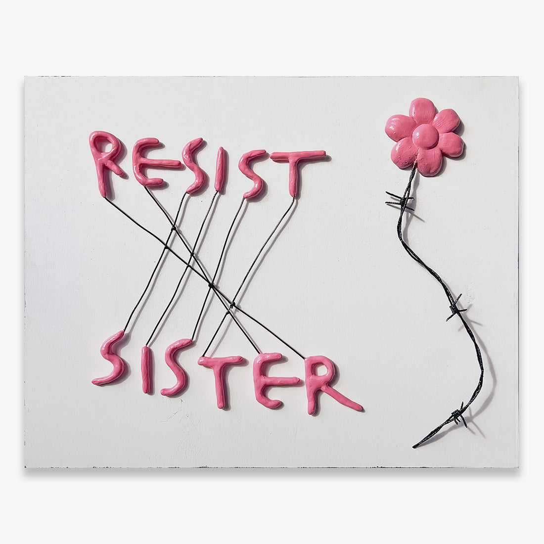 SIS artwork by Fiumani clay and metal text composition on wood Underdogs Gallery unique piece