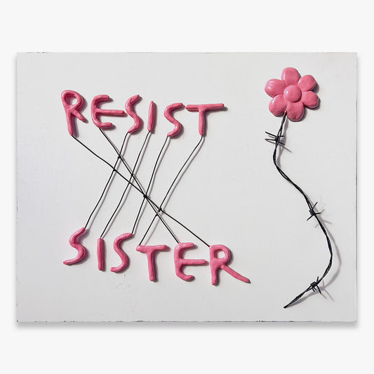 SIS artwork by Fiumani clay and metal text composition on wood Underdogs Gallery unique piece