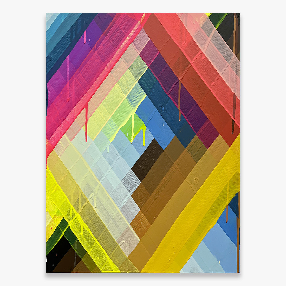 Untitled by Maya Hayuk, abstract geometric painting with layered diagonal translucent colorful forms on baltic birch panel, contemporary artwork from 2025 at Underdogs Gallery