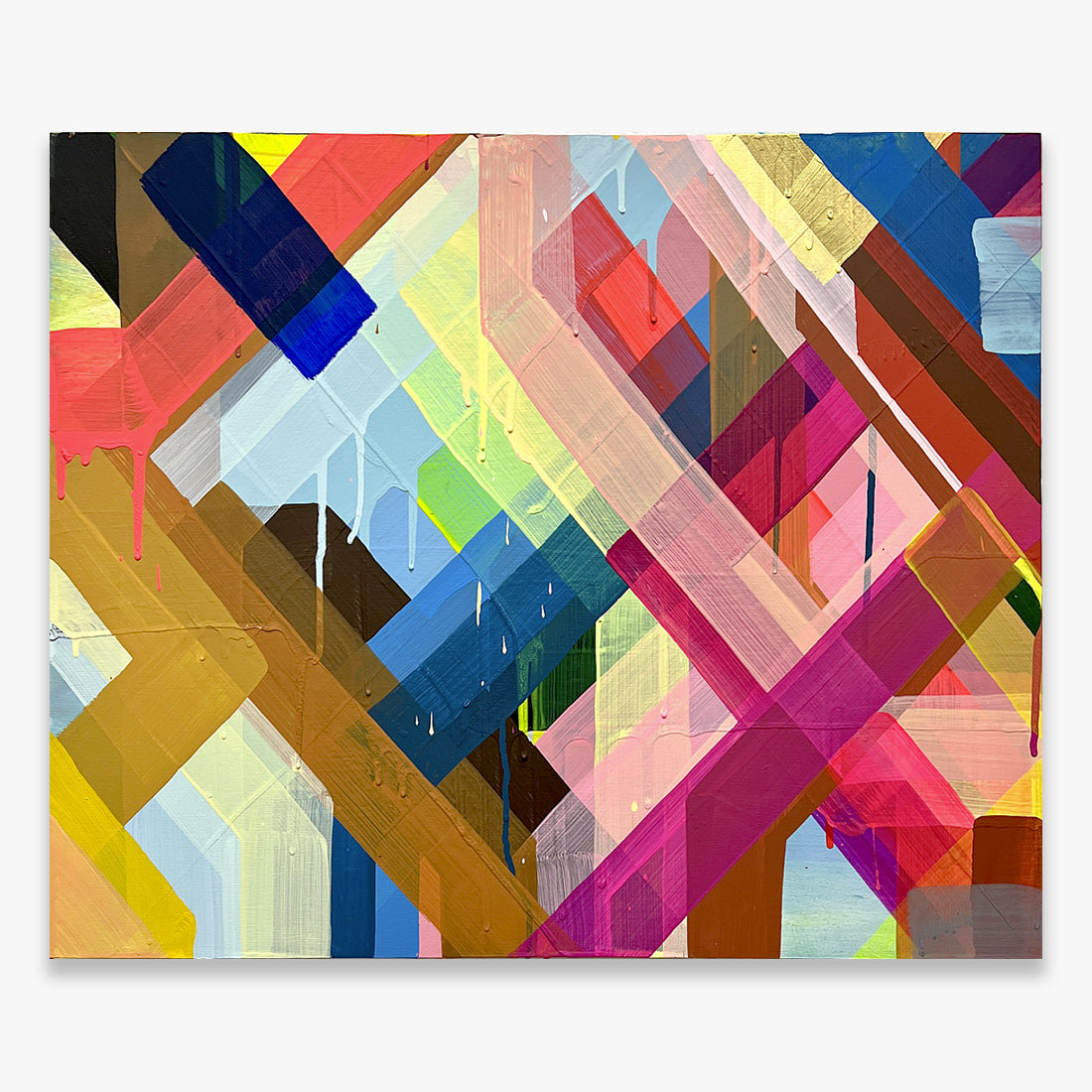 Untitled by Maya Hayuk, abstract geometric painting with intersecting colorful translucent brushstrokes on baltic birch panel, contemporary artwork from 2025 at Underdogs Gallery